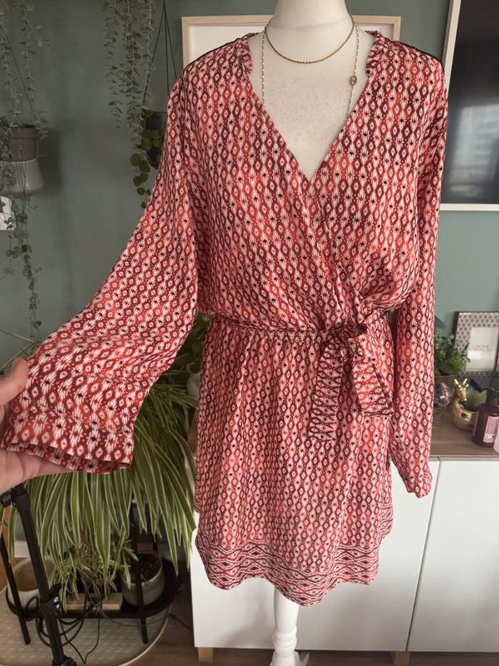 Robe Promod rouge blanc taille XL 42 manches longue effet portefeuille