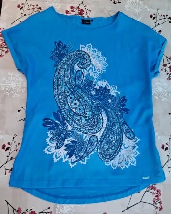 Superbe tee-shirt bi-matière 👕 bleu à motifs - T40/L - Sixth sense