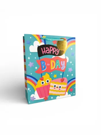 Sac cadeau joyeux anniversaire « Happy B-Day » motif gâteau/arc-en-ciel 27 x 33 x 14 cm neuf