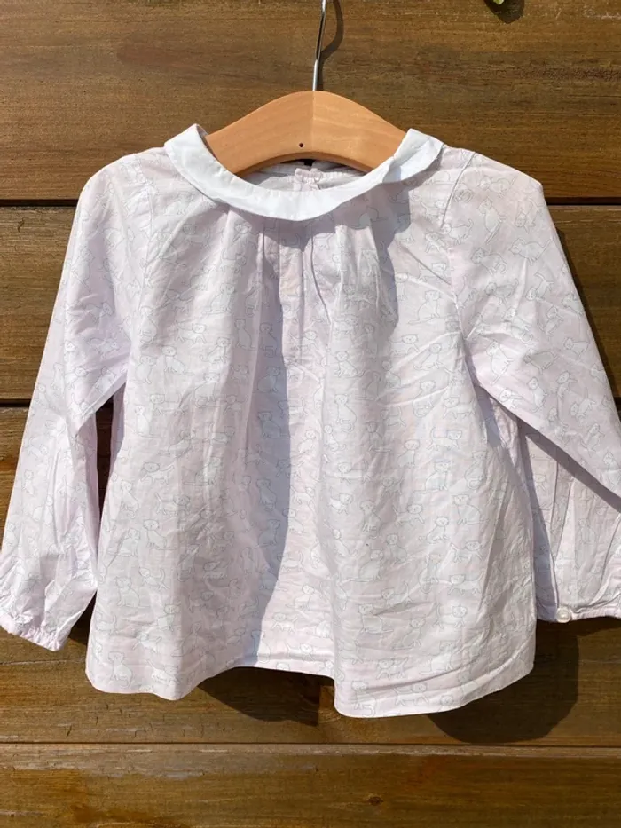 Chemisier bébé fille jacadi Paris blouse rose pâle chats blancs 24 mois 2 ans 86cm - photo numéro 2