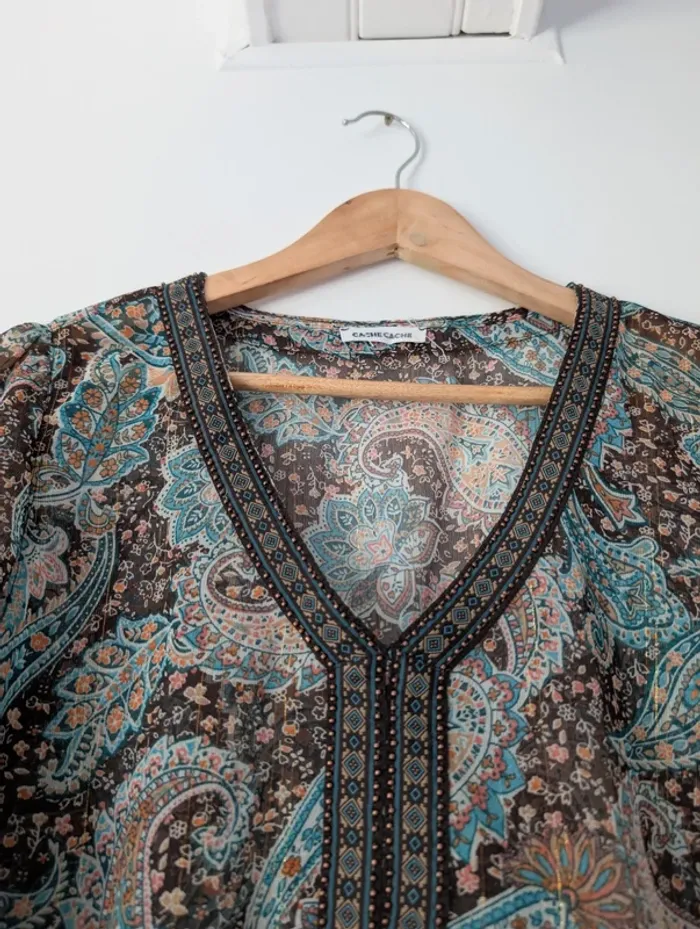 Blouse légère transparente bohème hippie imprimé cachemire bleu Cache-cache Taille 38 - photo numéro 6