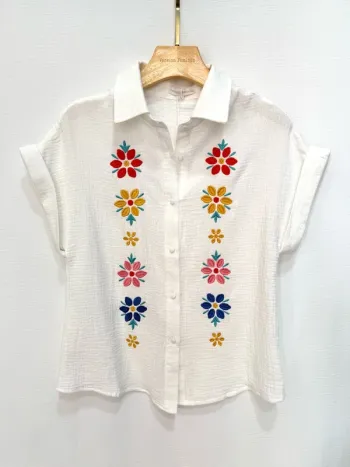 Chemise blouse blanche fleurs broderie coton
