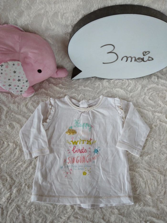 Tee shirt tunique chemise manches longues Fille 3 mois Happy birds Vertbaudet 100% coton