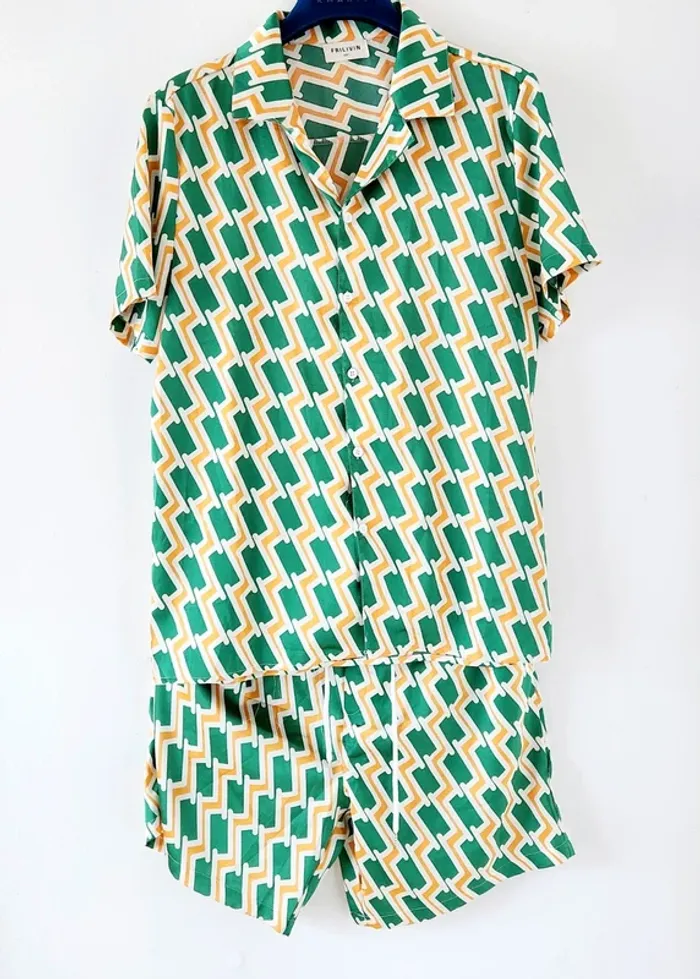 🟢 Ensemble d'été homme Frilivin - Taille L/XL - Motif graphique vert/jaune 🌞