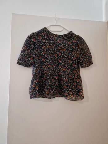 Blouse manche courte été femme 100% soie noire motifs fleuris col TBE taille S american vintage