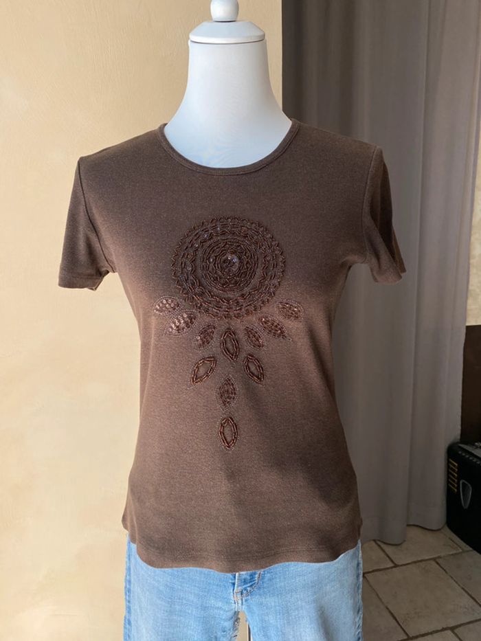 T-shirt marron brodé de perles vintage M - photo numéro 7