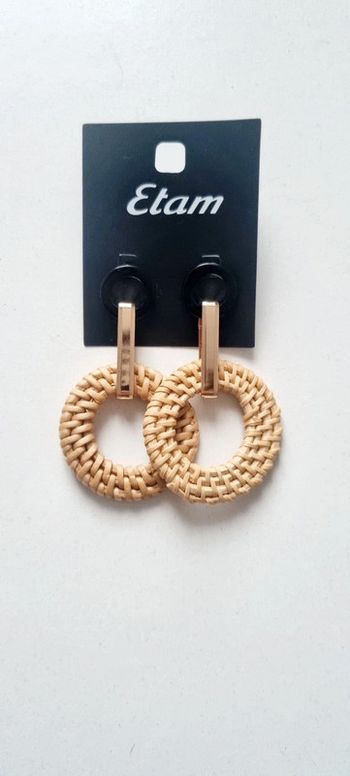 Boucles d'oreilles raphia doré noire neuve etam