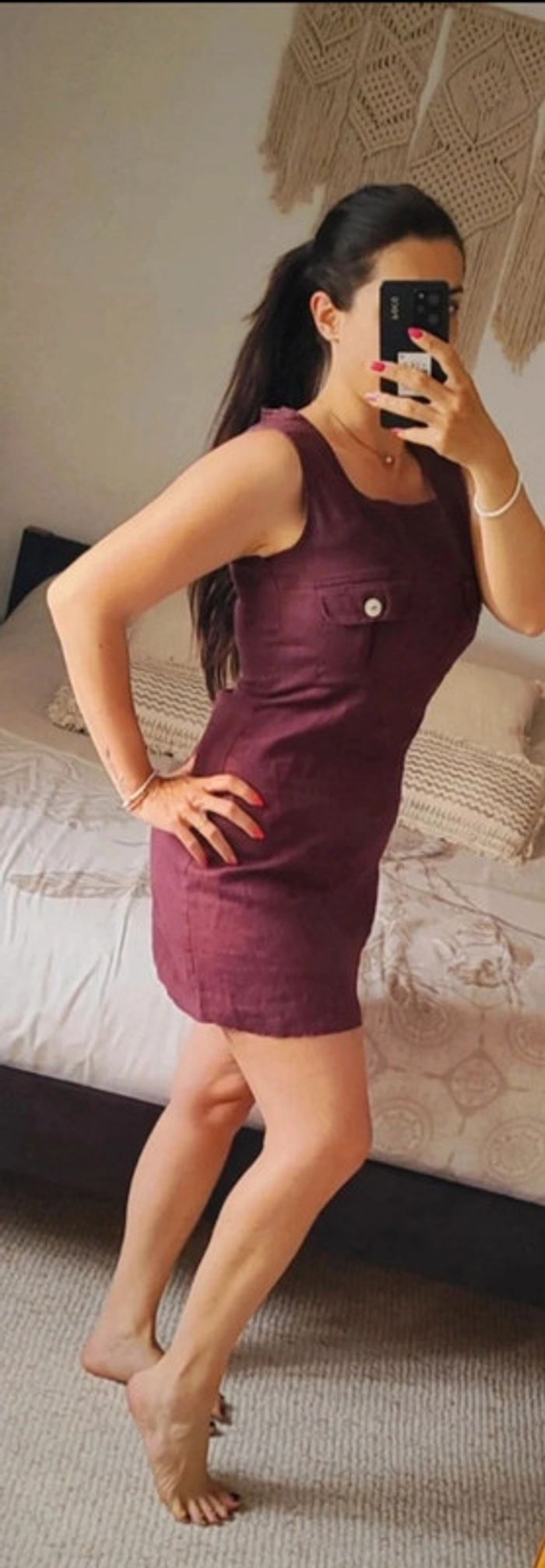 Robe d'été sans manches Tricot 40 couleur bordeaux aubergine 100% lin - photo numéro 2