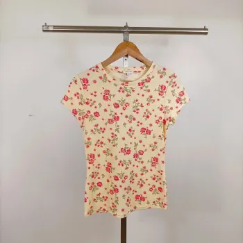 T-shirt fleuri River Island T40 motif roses rose et vert 100 % coton style vintage été A1267