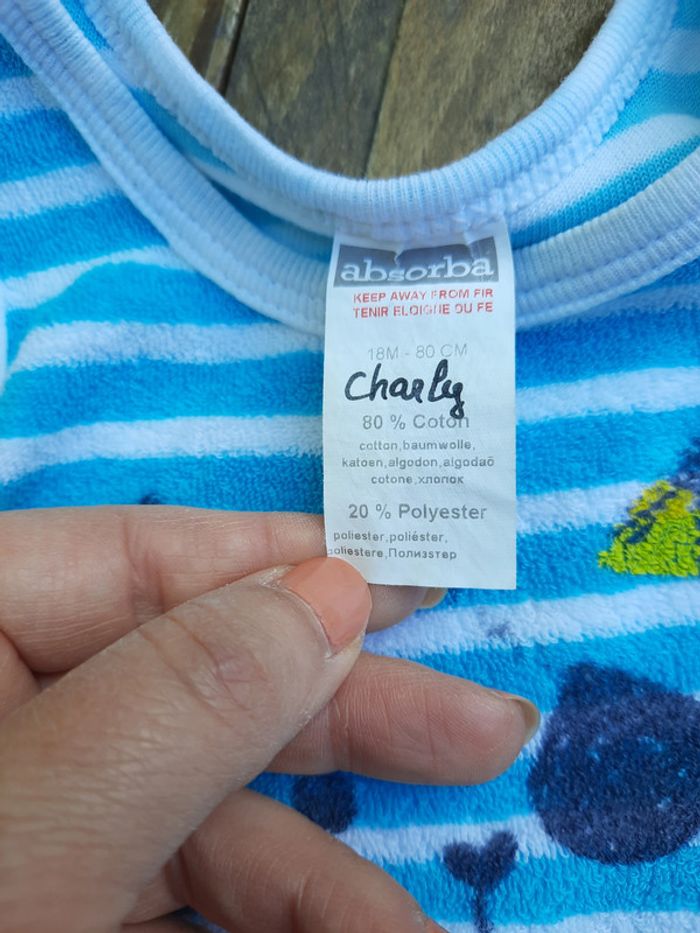 Superbe barboteuse éponge Absorba, blanche rayée turquoise, 18 mois - photo numéro 3