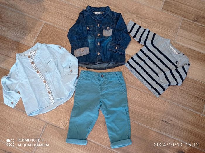 Ensemble chino vert+ 2 chemises jean + pull marinière 6 mois
