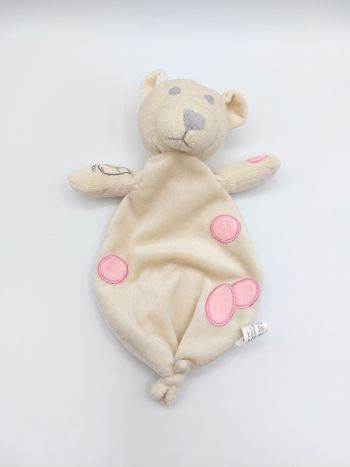 Doudou plat ours blanc écru crème DECAROLI Cosfibel rond rose