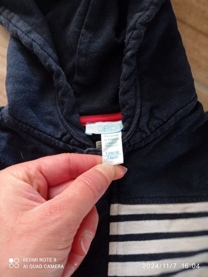 Ensemble 12 mois, bas jogging marine + marinière+ veste sweat a rayures - photo numéro 3