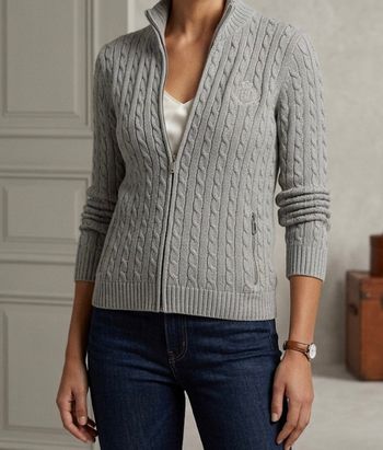 ​Gilet / Cardigan zippé Ralph Lauren – Maille torsadée – Gris – Taille M

