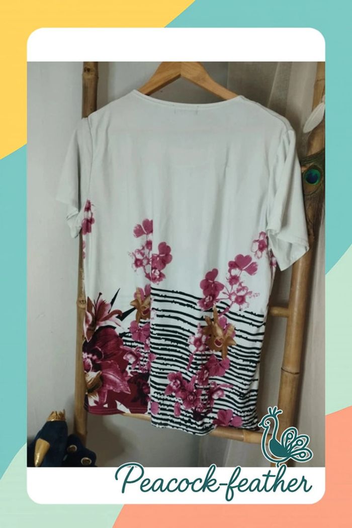 T-shirt blanc fleuri rose xxl /xxxl - photo numéro 6