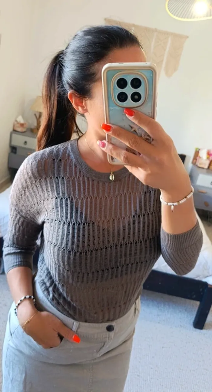 Pull léger Mango suit M beige taupe mailles écartées ajourées manches 3/4 - photo numéro 3