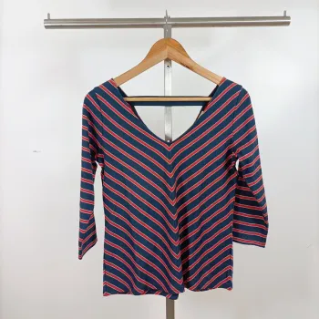 Top rayé bleu rouge col V dos decoletté Grain de Malice T.S coton stretch chic décontracté A1106