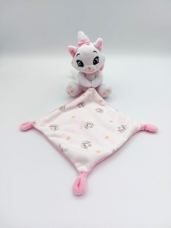 Doudou peluche chat Marie blanc rose DISNEY BABY nœud rose mouchoir fleurs jaunes