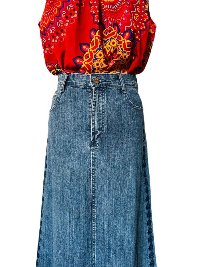 💙🌿Jupe en jean longue brodée bohème vintage 2000 long embroidered denim boho skirt🌿💙 - photo numéro 10