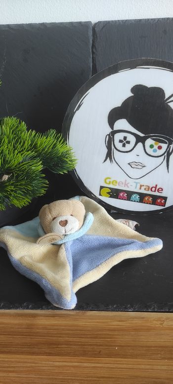 Doudou ours marron bleu blanc  crème mini ancien vintage baby nat Coeur