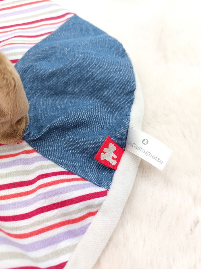 Doudou plat rond ours marron bleu jean LULU Castagnette marionnette JEMINI - photo numéro 2