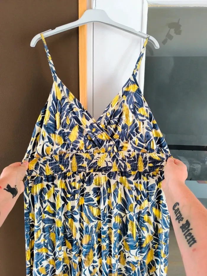 Robe longue imprimée tropicale bleue marine et beige femme 40/42 - photo numéro 4