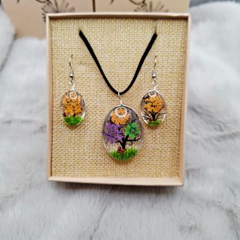 Parure bijoux fleurs pressées arbre de vie bohème tendance (collier + boucles)