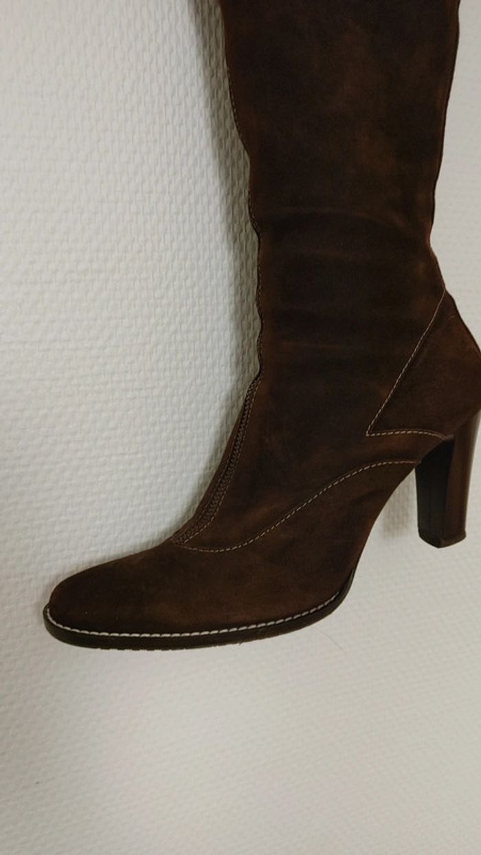 Bottes haute d'hiver intégralement fourré en laine daim marron talon carré bloc - photo numéro 6