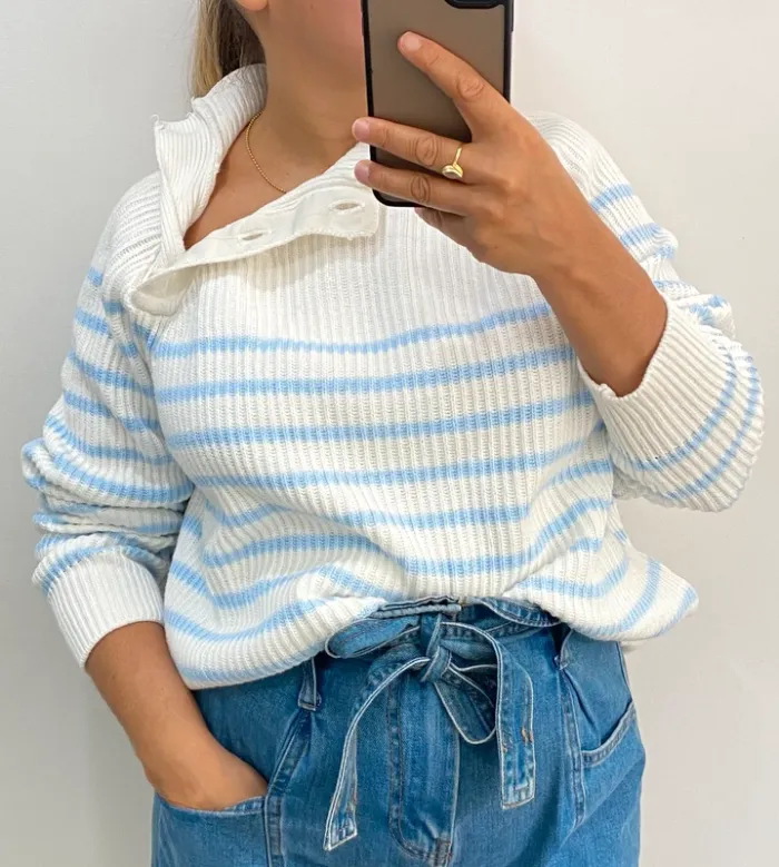 Joli Pull Blanc Et Bleu Côtelé Taille 40-42 - photo numéro 2