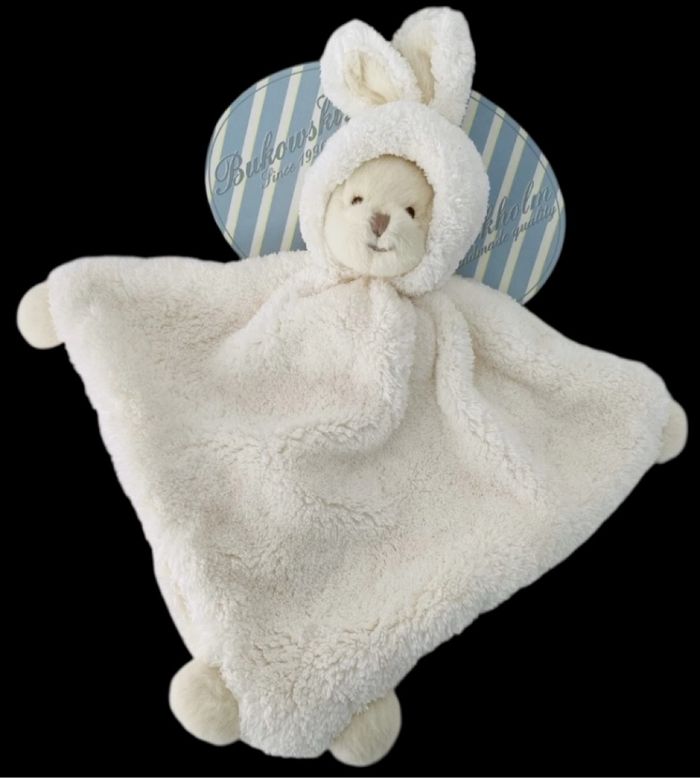 ❤️B4704 Doudou plat  Mouchoir ours blanc Crème déguisé en lapin BUKOWSKI