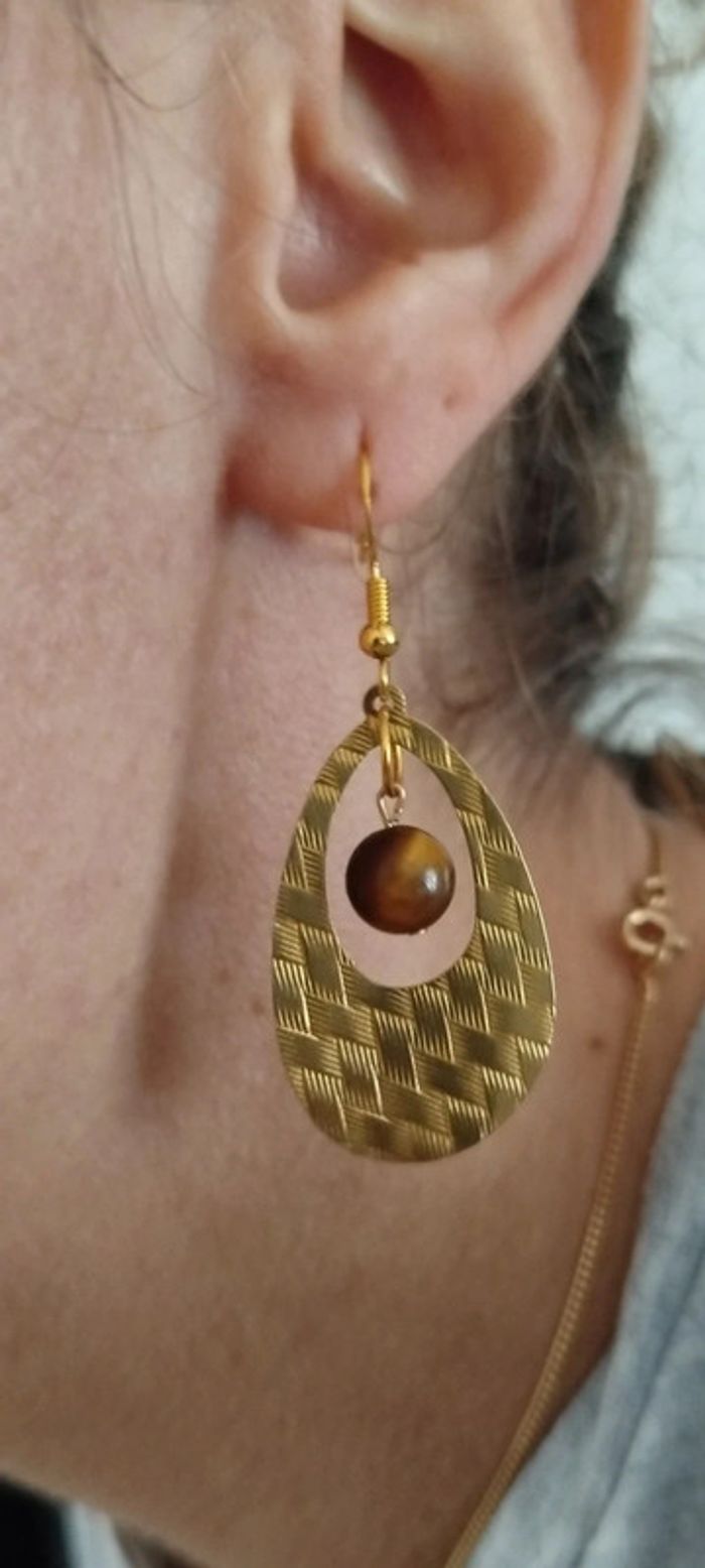 Boucles d'oreilles en Oeil de Tigre AA - photo numéro 2