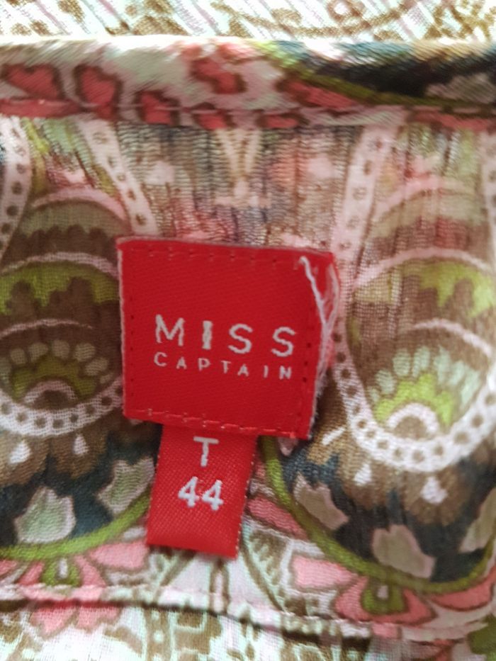 Blouse transparente voile motifs cachemire marron, kaki, roses, aisselles 60cm, Miss Captain, T44 - photo numéro 4