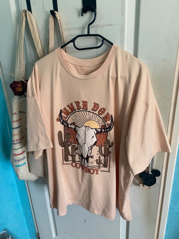 t-shirt large, over size beige à dessin - photo numéro 4