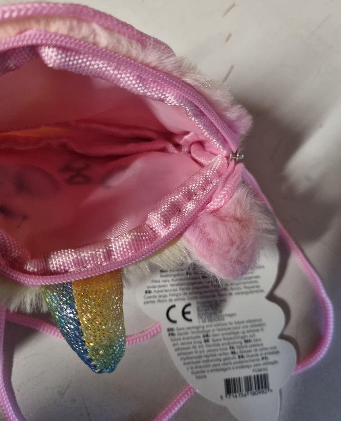 petite pochette bandoulière chat licorne fourrure rose et jaune neuf - photo numéro 3