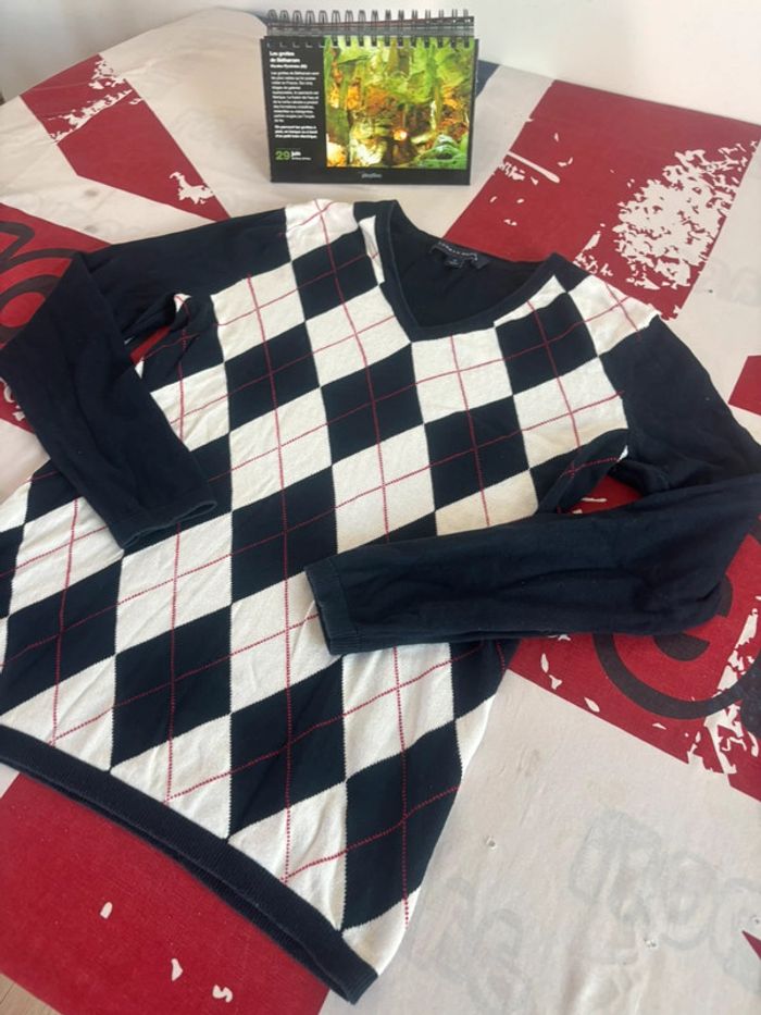 Sweat en col V Tommy Hilfiger taille M blanc à carreau bleu marine et rouge - photo numéro 5