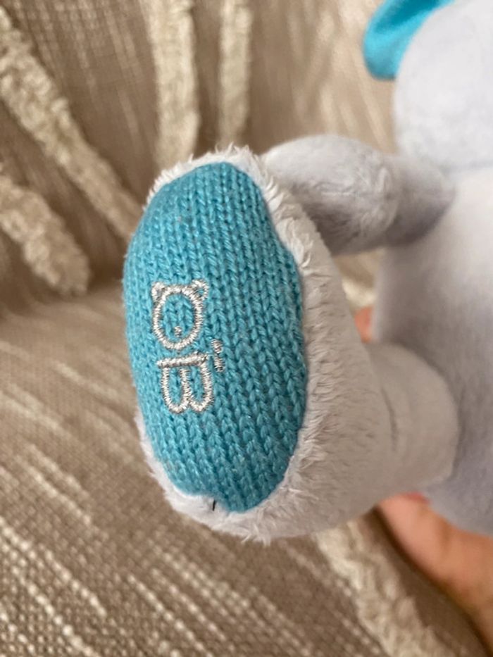 Peluche doudou 23cm Obaïbi ours gris et bleu très bon état - photo numéro 4