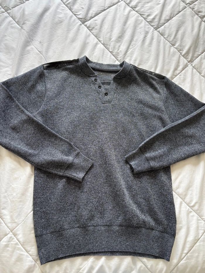 Pull gris noir chine début 2000 y2k homme col V bouton coton taille M - photo numéro 4