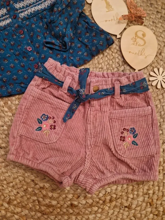 Ensemble blouse bleu et short rose en velours sergent major 18 mois bébé fille - photo numéro 3