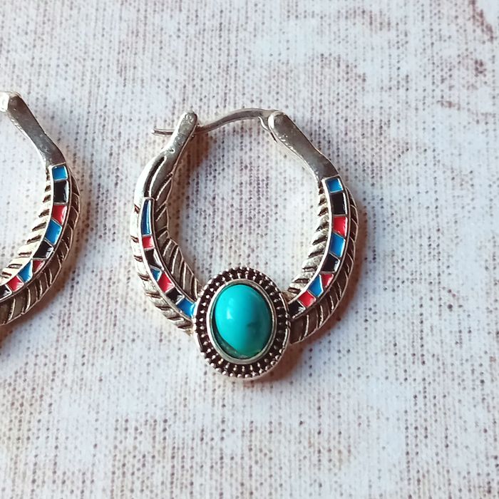 créoles argentées imitation turquoise - photo numéro 3