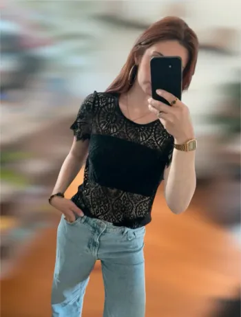 Tee shirt haut ajouré dentelle transparent noir Kiabi