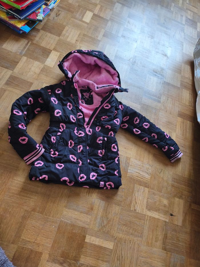 Manteau Z8 8 ans noir bisous rose capuche amovible