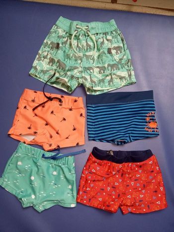 Lot de  5 Maillots de bain,  shorty garçon kiabi, orchestra 12 mois, 1 An , orange, vert, bleu , rouge avec motif, plage, piscine, cordon serrage, Kiabi,orchestra, mi saison, été