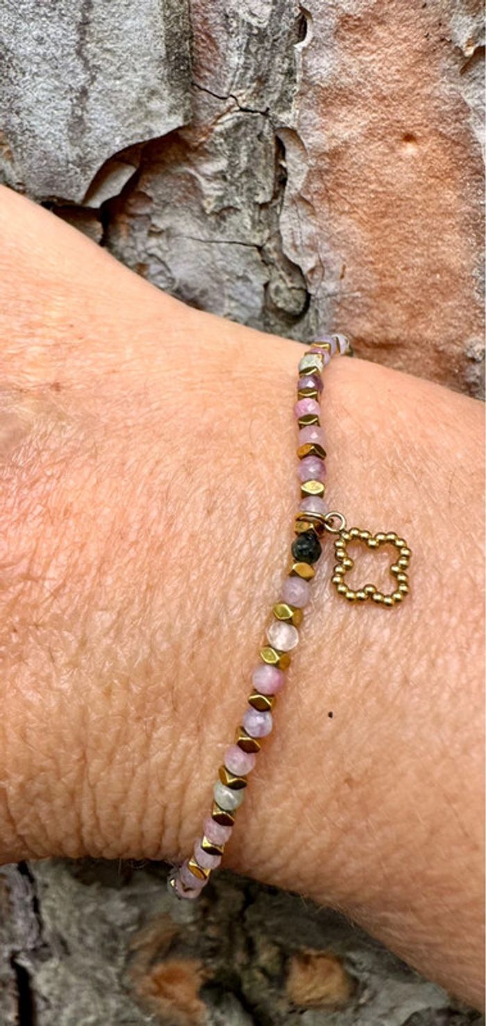 Bracelet réglable élastique perles naturelles jade quartz breloque trèfle - photo numéro 2