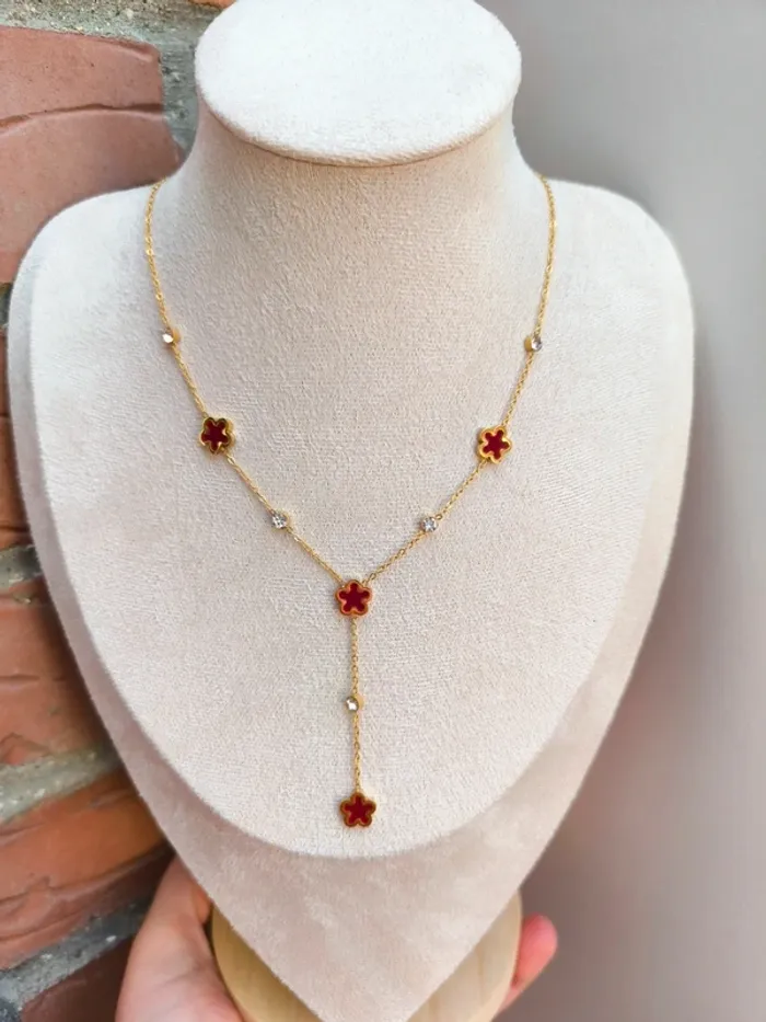 Pendentif doré en Y avec trèfles rouges nacrés - photo numéro 6