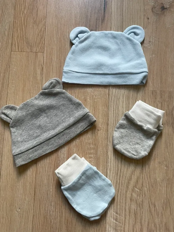 Lot 2 bonnets et moufles naissance