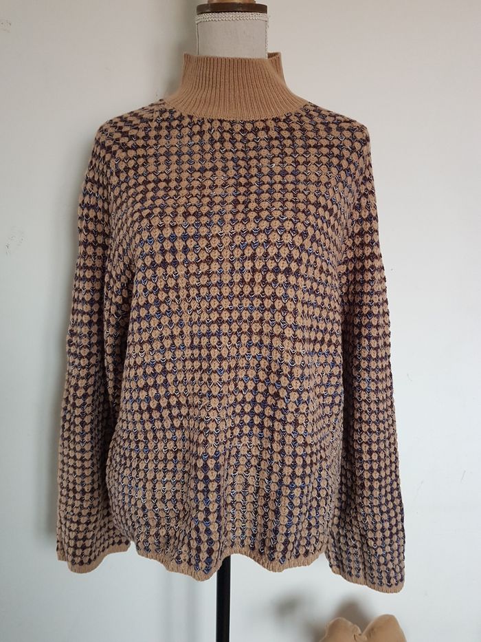 Pull col montant, beige, marron, bleu, aisselles 58 cm, boutique privée, taille XL(44)