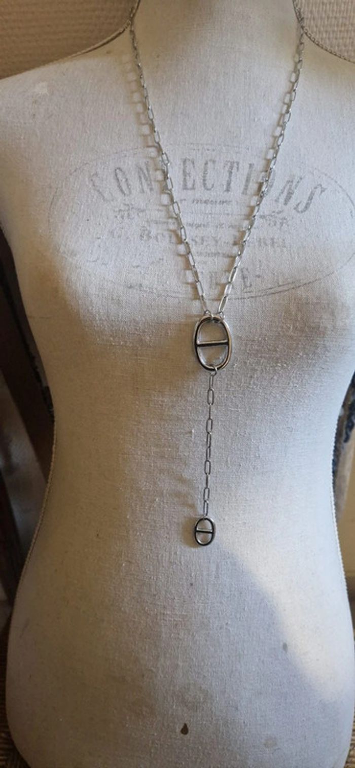 Collier sautoir réglable cordon cuir et acier inoxydable or médaille farandole acier et cuir - photo numéro 2