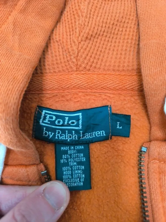 Sweat à capuche zippé Polo Ralph Lauren homme taille L orange manche tachée - photo numéro 8