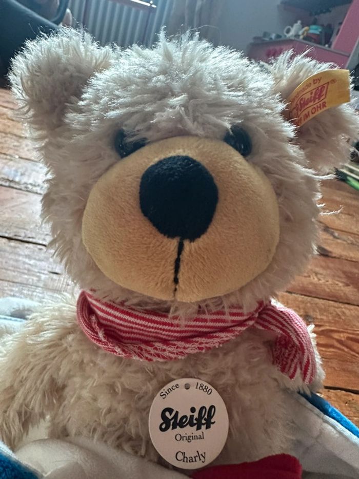 RARE Peluche Ours chiné beige Steiff 30cm avec bandeau sac bateau bleu doudou traditionnel - photo numéro 5