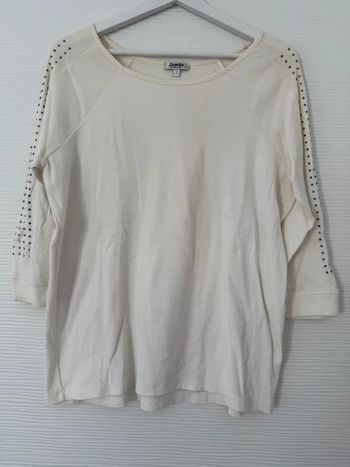 Haut t-shirt blanc crème uni manches 3/4 blanc avec strass col rond